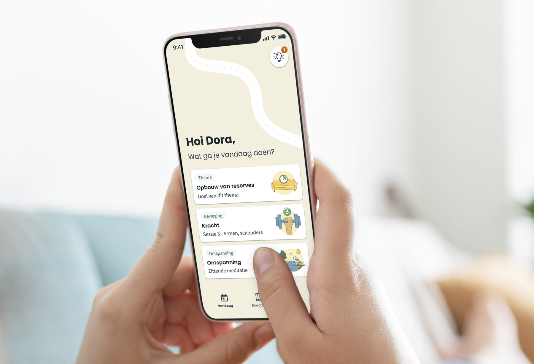 Design van het Vandaag scherm van de app Untire Now